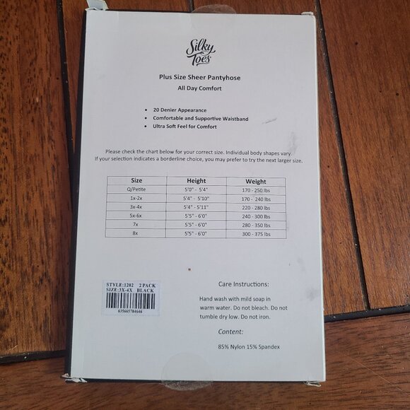 Silky Toes Black Plus Size 3X-4X  Pantyhose NEW, 2 Pairs In Package 20 Denier - Picture 2 of 3